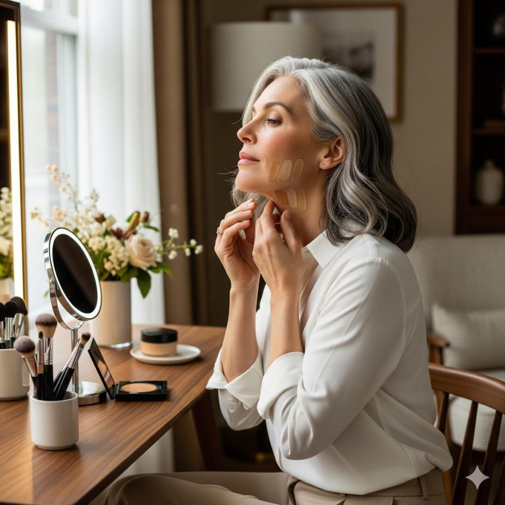 GenX woman testing foundation shades along jawline in natural light at vanity