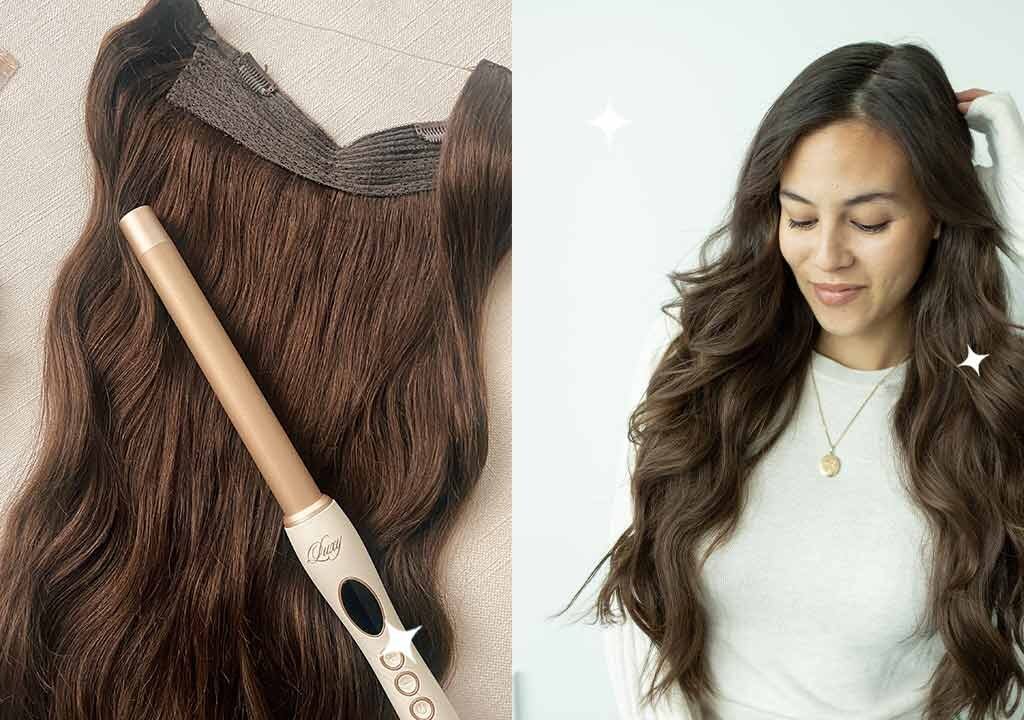 Clip-in hair extensions being attached to fine hair to add temporary volume and length.