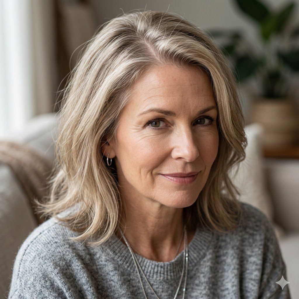 Home 21 Woman over 50 with fine or thinning hair considering hair extensions for added volume and fullness.