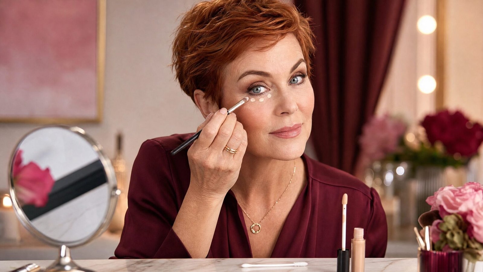 Menopause makeup mistakes concealer technique showing three strategic dots under the eye on mature skin