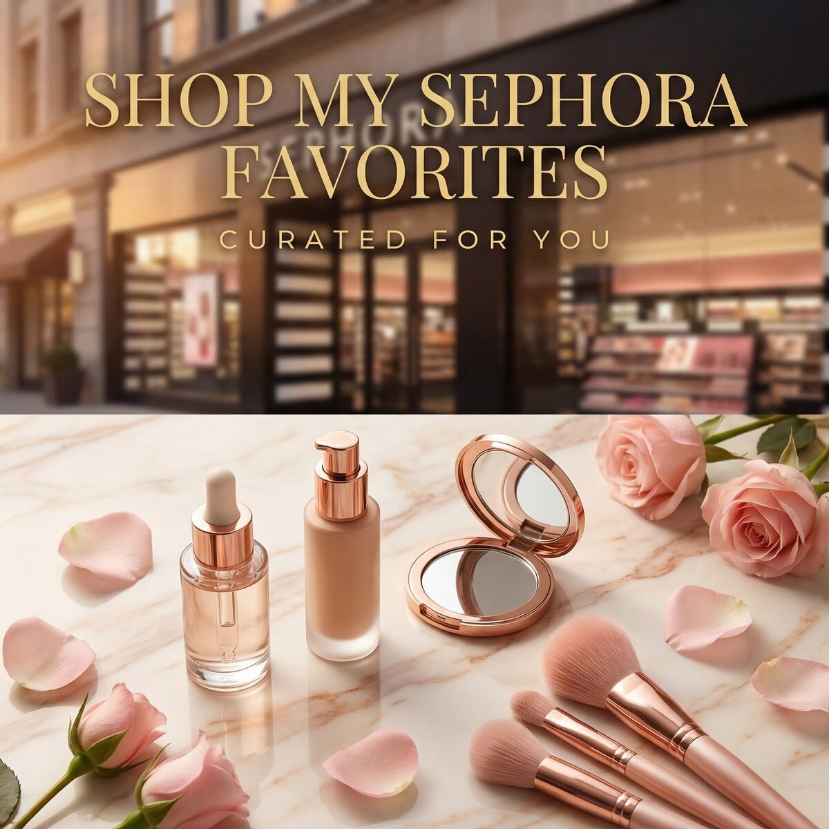 A curated flatlay of luxury skincare and makeup products in rose gold and cream packaging in front of a Sephora store, representing Amy Shorrosh's Sephora storefront for women over 50.
