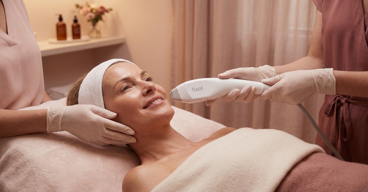 A confident woman over 50 receiving a Tixel skin resurfacing treatment on her face from an esthetician in a warm, relaxing medical spa