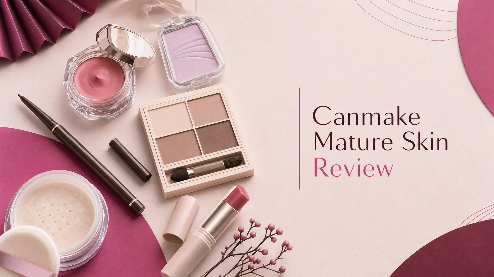 Canmake mature skin review with Japanese drugstore makeup including blush, eyeliner, eyeshadow, powder, and lip balm