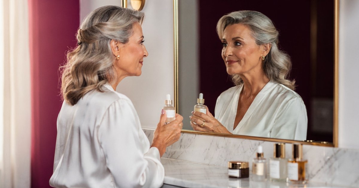 post menopause skincare routine: confident woman over 50 rebuilding her skincare regimen after menopause